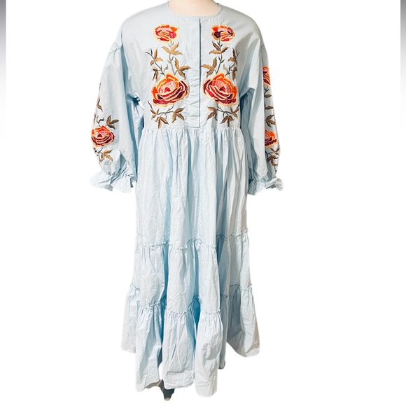 Anthropologie Samant Chauhan Tiered Embroidered Maxi Dress, Blue Size M NWT - Picture 5 of 12